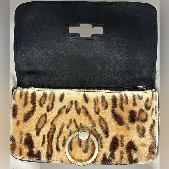 Jimmy Choo Wallet Leopard Print Calf Fur Black Leather Gold HDWRE 7.9x4” EUC - Picture 6 of 16